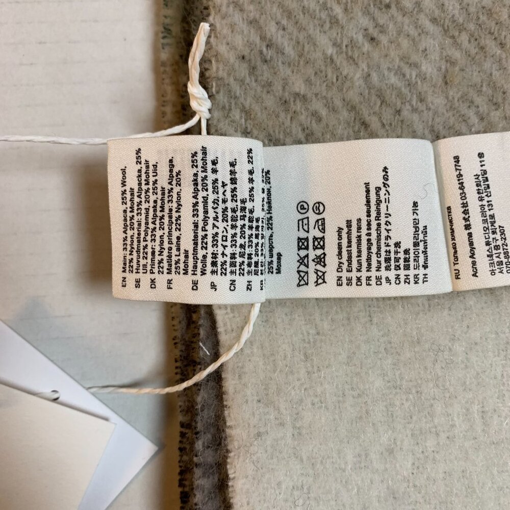 Acne Studios Checked Wool Blend Scarf Gray Beige Fringe Cozy - Picture 6 of 6